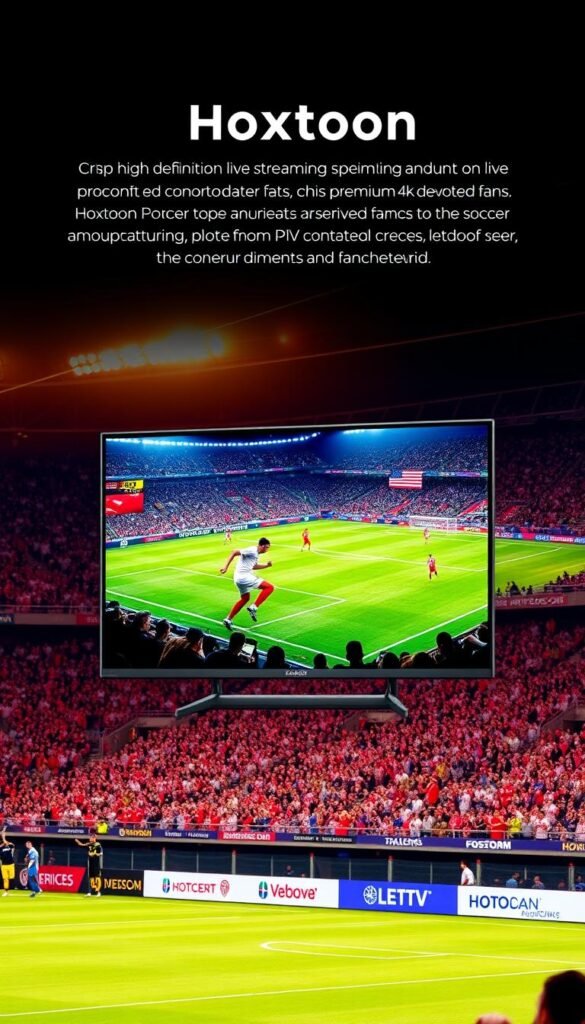 A modern, sleek IPTV service provider interface showcasing the Hoxtoon Provider brand, against a backdrop of a vibrant soccer stadium filled with cheering fans. The interface displays crisp, high-definition live streaming of a thrilling USA soccer match, highlighting the provider's ability to deliver premium 4K content to devoted fans. Warm lighting casts a sense of energy and excitement, while the clean, intuitive design of the interface underscores the service's user-friendliness and reliability. The overall scene conveys the unparalleled viewing experience Hoxtoon Provider offers to soccer enthusiasts, overcoming the limitations of traditional broadcasting.
