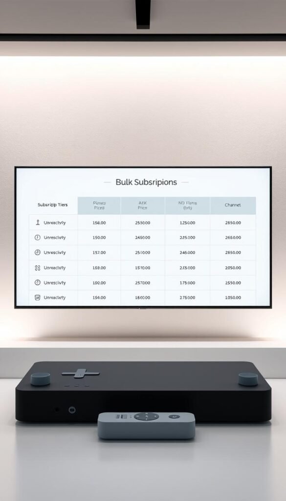 A modern, sleek interface showcasing the bulk pricing options for the Hoxtoon Provider IPTV 4K service. In the center, a large display panel presents a clean grid of subscription tiers, their respective prices, and the number of channels included. The foreground features subtle UI elements like buttons, sliders, and toggles, all rendered in a minimalist, high-contrast style. The background has a soft, gradient-based color scheme, conveying a sense of professionalism and premium quality. Bright, directional lighting creates depth and highlights the detailed product information. The overall composition strikes a balance between functionality and aesthetic appeal, inviting the viewer to explore the Hoxtoon Provider's IPTV 4K bulk subscription benefits.