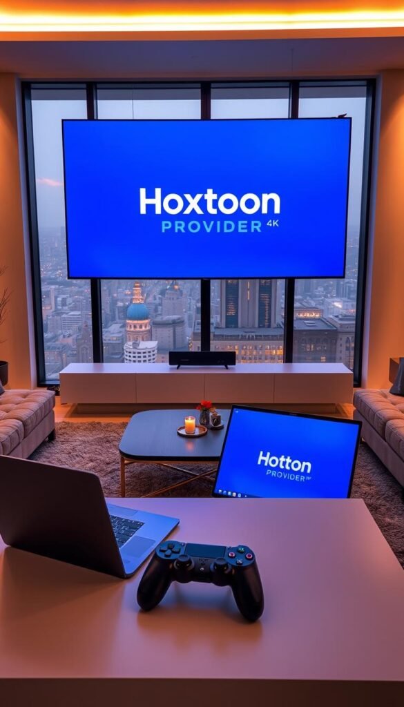 A modern, sleek living room with a large 4K television displaying the Hoxtoon Provider logo. The room is bathed in warm, soft lighting, creating a cozy and inviting atmosphere. In the foreground, a laptop and a high-end gaming controller sit on a minimalist coffee table, suggesting the technical requirements for optimal 4K streaming. The middle ground features plush, comfortable seating, while the background showcases large windows overlooking a cityscape, hinting at the global reach of the Hoxtoon Provider service. The overall scene conveys a sense of advanced technology, premium quality, and an immersive viewing experience.