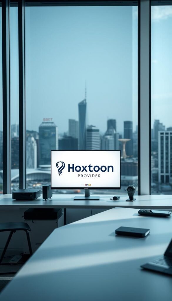 A modern, sleek office setting with a large window showcasing a bustling city skyline in the background. In the foreground, a minimalist desk features the prominent "Hoxtoon Provider" logo prominently displayed on a high-resolution monitor. The desk is neatly organized with various tech accessories, conveying a professional, efficient atmosphere. Soft, directional lighting illuminates the scene, casting subtle shadows and highlights that accentuate the clean, contemporary design. The overall mood is one of a leading, forward-thinking IPTV service provider, ready to deliver the best viewing experience for the upcoming World Cup 2026.