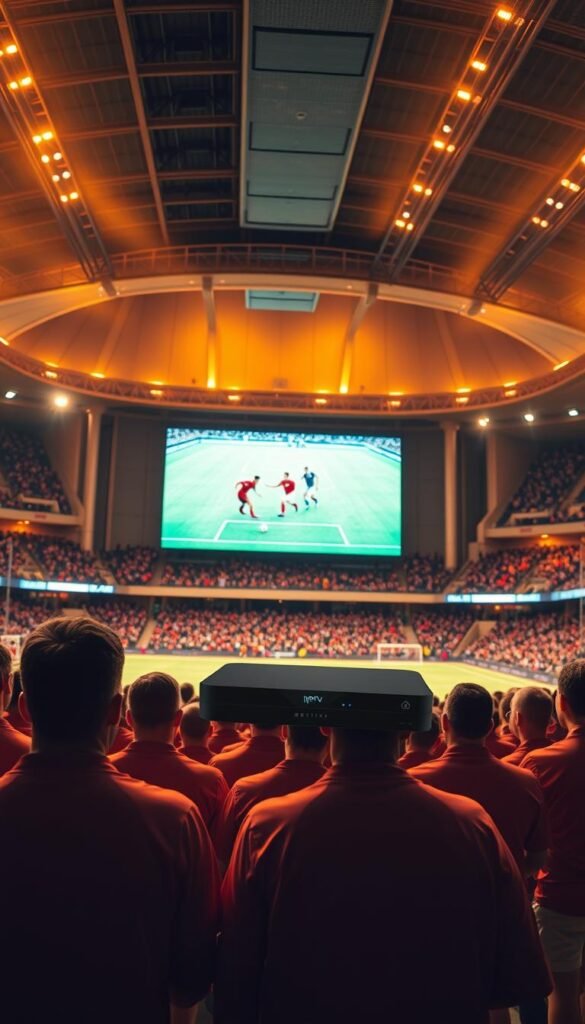 A modern sports arena with a large LED screen displaying a live IPTV broadcast of a soccer match. The arena is bathed in warm, golden lighting, creating a sense of energy and excitement. In the foreground, a group of passionate fans clad in team jerseys watch the game intently, their faces illuminated by the glow of the screen. The middle ground features the sleek, high-tech IPTV equipment, including a Hoxtoon Provider set-top box, expertly integrated into the arena's infrastructure. The background showcases the stadium's impressive architecture, with towering, futuristic-looking structures. The overall atmosphere is one of cutting-edge technology seamlessly blending with the timeless passion of sports fandom.