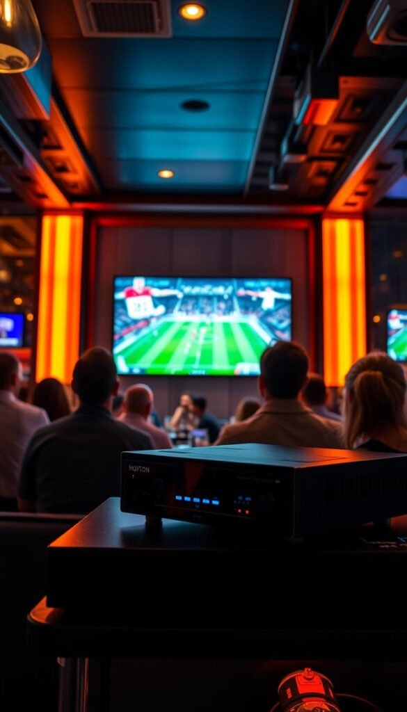 A modern sports bar interior with patrons watching a live sports event on large 4K IPTV screens. The focal point is the Hoxtoon Provider IPTV system, its sleek black hardware prominently displayed on a shelf or cabinet. Ambient lighting casts a warm, energetic glow across the space, highlighting the dynamic atmosphere. Patrons are engaged, their expressions reflecting the excitement of the game. The cinematic camera angle captures the scale and scale of the immersive IPTV experience, showcasing how Hoxtoon Provider technology revolutionizes the sports viewing experience in this vibrant setting.