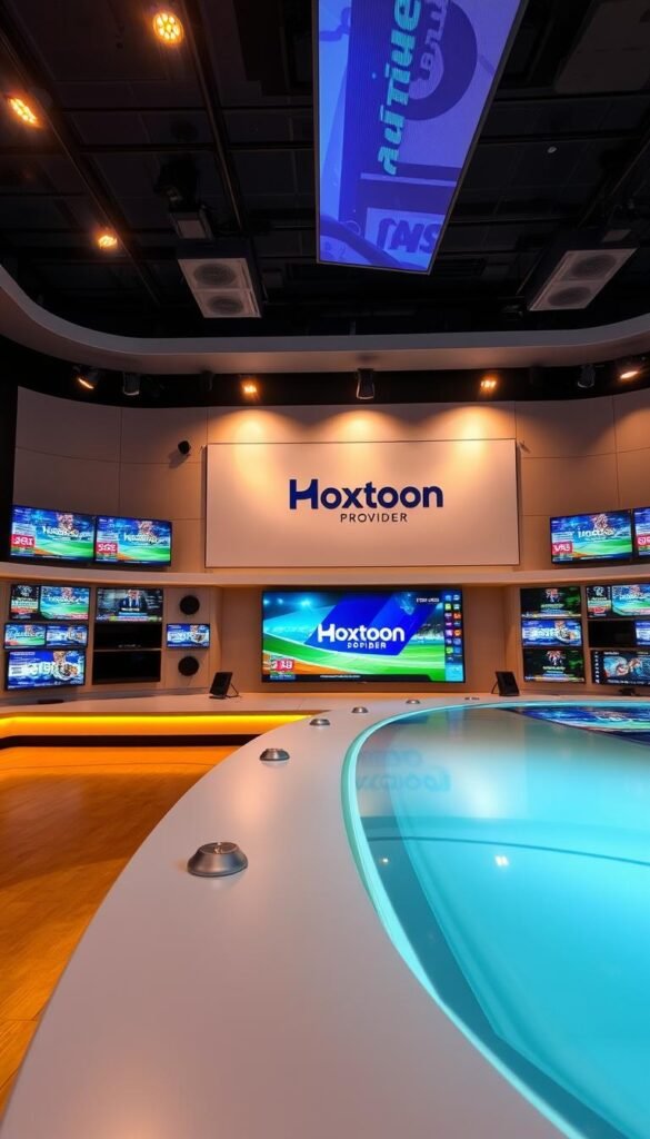 A modern sports broadcasting studio with an expansive array of LED screens displaying various sports channels and events. In the foreground, a sleek, glass-topped desk with minimalist lighting fixtures casts a warm glow over the scene. The middle ground features a large, curved video wall showcasing the Hoxtoon Provider brand and live sports coverage. The background is a neutral, high-contrast backdrop that emphasizes the technological and professional nature of the setup. The lighting is a combination of soft, diffused overheads and focused spotlights, creating depth and dimensionality. The overall atmosphere conveys a sense of cutting-edge, high-quality sports entertainment.