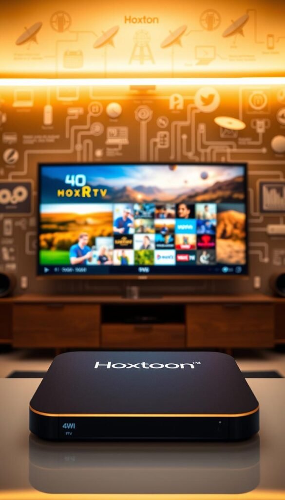 A modern, well-designed 4K IPTV setup featuring the Hoxtoon Provider brand. In the foreground, a sleek streaming device with clean, minimal UI displaying live TV channels. In the middle ground, a high-resolution LED display showcasing vibrant, high-definition video playback. The background is filled with technical diagrams and schematics, illustrating the underlying IPTV technology - satellite dishes, internet routers, and network infrastructure. Warm, soft lighting creates a professional, tech-savvy atmosphere. The overall scene conveys the power, efficiency, and user-friendliness of the Hoxtoon IPTV system.