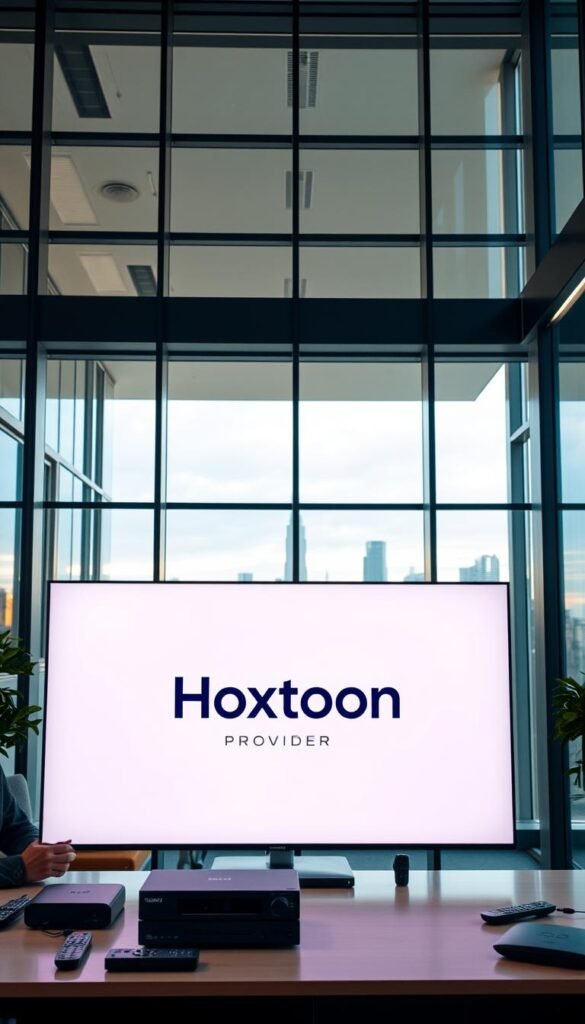 A modern, well-designed office space with a sleek glass-and-steel aesthetic. In the foreground, a large TV screen displays the "Hoxtoon Provider" brand logo, surrounded by various IPTV streaming devices and remote controls. The middle ground features a group of people - an executive, a technician, and a customer - engaged in a discussion, highlighting the growth and adoption of IPTV services in the United States. The background showcases a cityscape through floor-to-ceiling windows, conveying a sense of technological progress and urbanization. The lighting is warm and diffused, creating a professional and inviting atmosphere.