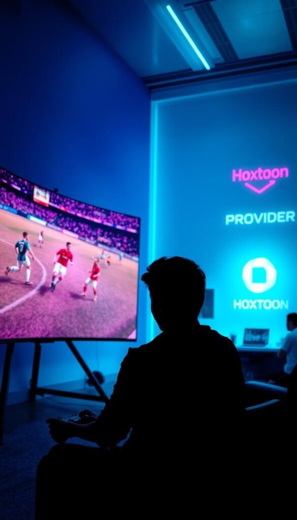 A neon-soaked, dynamic scene of FIFA matches streaming online. In the foreground, a curved display shows a high-octane football game, players darting across the screen. In the middle ground, a dark silhouette of a person sits intently, controller in hand, engrossed in the virtual action. The background is bathed in a cool, futuristic glow, with sleek technology and the Hoxtoon Provider logo casting an ambient light. The overall atmosphere is one of immersion, intensity, and the thrill of cutting-edge 4K IPTV streaming.