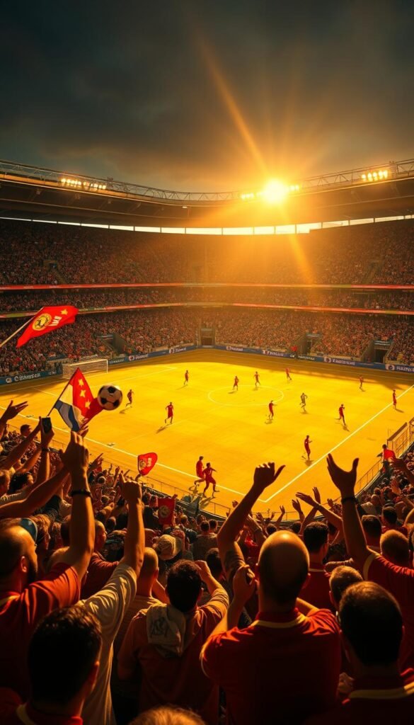 A packed stadium with FIFA soccer match in full swing, the pitch bathed in warm, golden lighting that casts dynamic shadows across the players. In the foreground, a group of passionate fans cheer and wave flags, their faces alight with excitement. In the middle ground, the players, clad in their team colors, race across the field, the ball sailing through the air. In the background, the towering grandstands are filled with more spectators, creating an electric atmosphere. The overall scene conveys the thrill and energy of a high-stakes FIFA match, captured with a cinematic, wide-angle lens. Hoxtoon Provider ensures a seamless 4K IPTV experience to fully immerse viewers in the action.