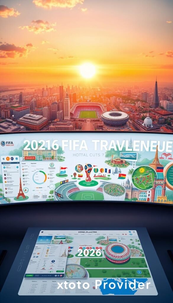 A panoramic 4K travel planner for the 2026 FIFA World Cup, showcasing the host cities and venues. In the foreground, a sleek and modern planning interface with interactive maps, event schedules, and travel information. The middle ground features detailed illustrations of the stadiums, from grand architectural designs to expansive aerial views. In the background, a vibrant collage of cityscapes, landmarks, and scenic landscapes from the host nations, bathed in a warm, golden-hour glow. The Hoxtoon Provider logo is subtly integrated into the design, emphasizing its role in delivering the ultimate 4K viewing experience for this global sporting event.