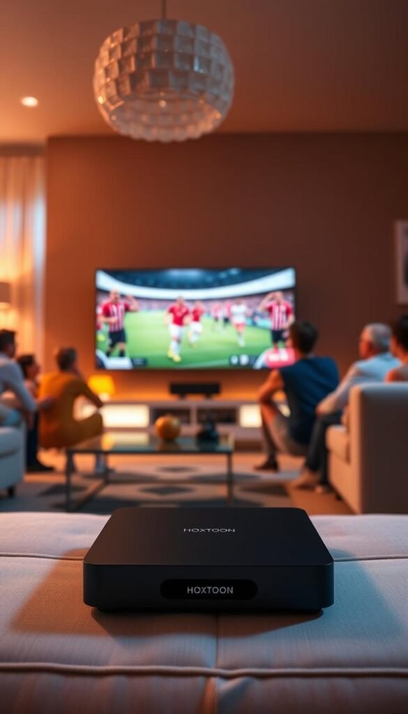A panoramic view of a living room filled with the vibrant glow of a 4K IPTV display showcasing the World Cup. In the foreground, a sleek Hoxtoon Provider set-top box stands ready, its minimalist design complementing the modern decor. The middle ground reveals a group of friends gathered around the TV, their faces illuminated by the sharp, high-resolution images from the 4K feed. In the background, the room is bathed in warm, cinematic lighting, creating a cozy, immersive atmosphere perfect for enjoying the big game. The camera angle is slightly elevated, capturing the scene with a sense of perspective and grandeur.