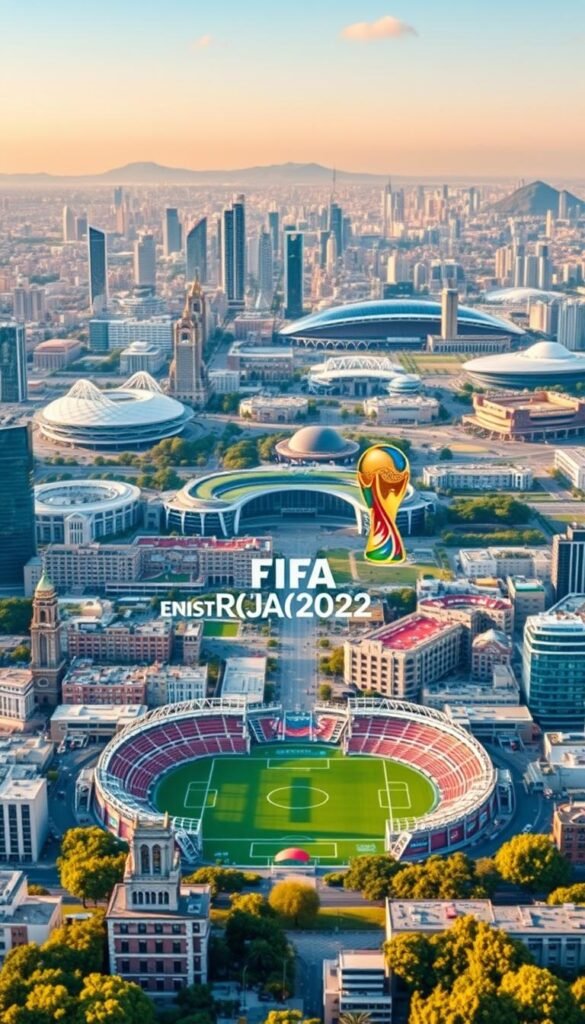 A panoramic view of the FIFA World Cup 2026 host countries, with a dynamic blend of modern architecture, bustling cityscapes, and iconic landmarks. In the foreground, the Hoxtoon Provider logo stands out, capturing the essence of the premier IPTV service in the USA. The mid-ground showcases the host nations' unique cultural identities, represented through diverse architectural styles and vibrant landscapes. The background is a breathtaking tapestry of world-renowned stadiums, each a testament to the global scale and grandeur of this prestigious sporting event. The scene is illuminated by warm, golden hues, evoking a sense of excitement and anticipation for the eagerly awaited FIFA World Cup 2026.