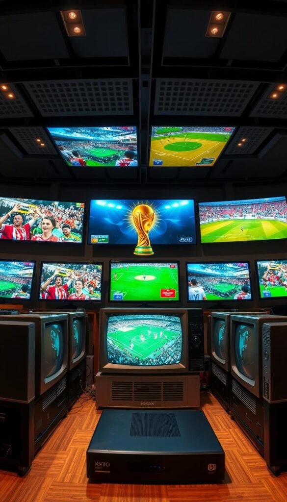 A panoramic view of the evolving landscape of World Cup broadcasting, from vintage analog televisions to cutting-edge 4K IPTV technology. In the foreground, a nostalgic display of classic CRT screens showcasing iconic World Cup moments, while in the middle ground, a sleek Hoxtoon Provider streaming box commands attention, its interface displaying the vibrant colors of the latest tournament. In the background, a futuristic array of high-resolution displays, projecting the immersive experience of 4K Ultra HD, creating a seamless fusion of past, present, and future in the world of sports broadcasting.