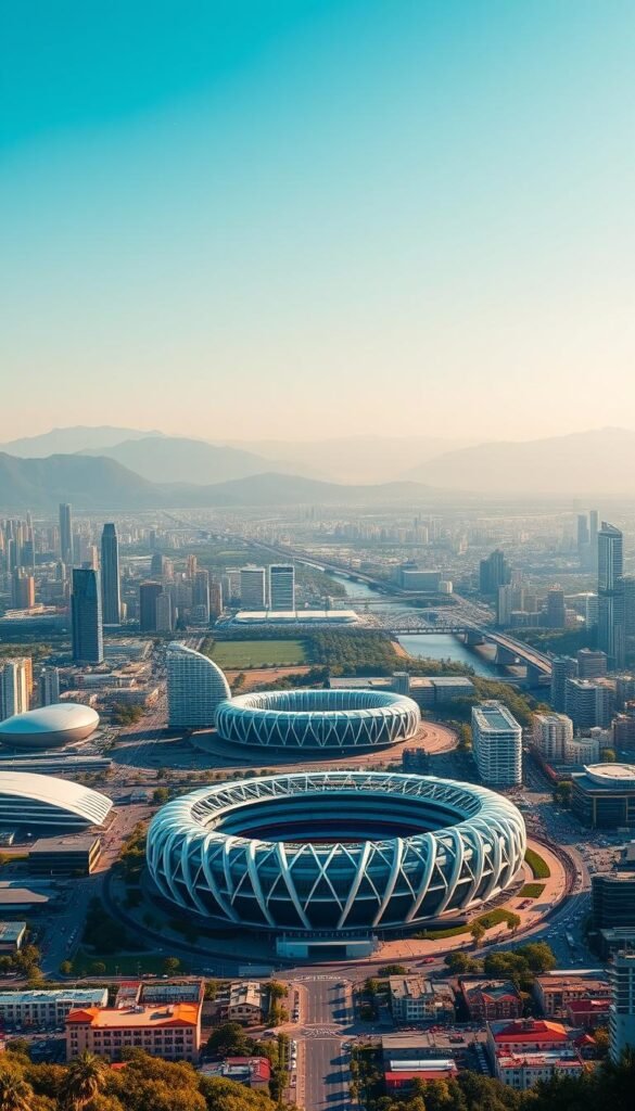 A panoramic view of the host cities for the 2026 FIFA World Cup, set against a vibrant backdrop. In the foreground, the iconic stadiums of the tournament stand tall, their modern architecture and captivating designs reflecting the grandeur of the event. In the middle ground, bustling cityscapes surround the stadiums, with skyscrapers, bridges, and busy streets. The background is filled with sweeping landscapes, from majestic mountain ranges to glistening coastlines, showcasing the diverse geography of the host regions. The scene is bathed in warm, natural lighting, creating a sense of excitement and anticipation for the upcoming tournament. Hoxtoon Provider.