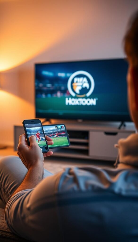 A person sitting comfortably on a couch, holding a modern smartphone in their hands, intently watching a live football match on the device's display. The scene is illuminated by warm, diffused lighting, creating a cozy and inviting atmosphere. In the background, a large flatscreen TV is visible, showcasing the Hoxtoon Provider logo, signifying the use of an IPTV service. The overall composition captures the essence of a FIFA fan effortlessly enjoying the game on their personal device, elevating the viewing experience.
