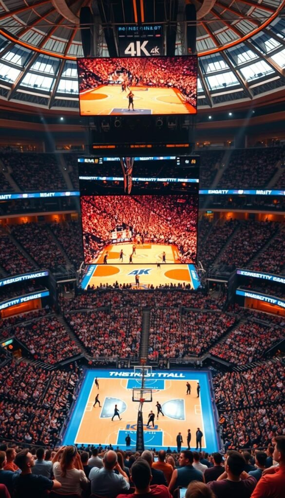 A pristine sports arena with a massive 4K resolution video screen above the field, showcasing a high-intensity basketball game in vivid detail. The audience is captivated, their faces lit by the brilliant display. Hoxtoon Provider's IPTV 4K sports package delivers this immersive viewing experience, placing the viewer right in the heart of the action with exceptional clarity and color fidelity. Warm, golden lighting illuminates the scene, creating a sense of energy and excitement. The camera angle is wide, capturing the scale and grandeur of the stadium, while also providing a clear view of the dynamic gameplay unfolding on the court.