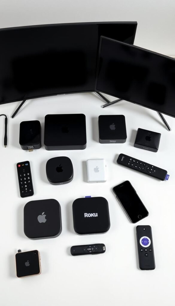 A professional-looking arrangement of various 4K IPTV compatible devices, including smart TVs, streaming boxes, and mobile devices from leading brands like Apple, Roku, and Hoxtoon Provider. The items are displayed on a clean, minimalist background with soft, even lighting that accentuates their sleek designs. The devices are arranged in a visually appealing, symmetrical layout, showcasing their compatibility and connectivity for seamless 4K IPTV streaming on iOS devices. The overall composition conveys a sense of technological sophistication and user-friendliness.