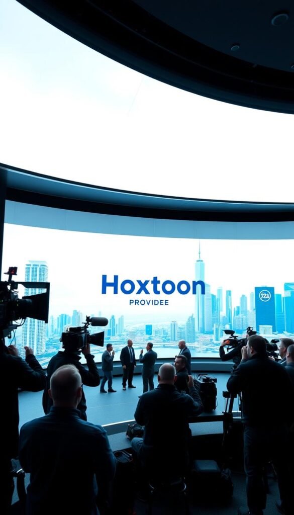 A professional sports broadcasting studio with a modern, sleek aesthetic. In the foreground, a large LED screen displays the "Hoxtoon Provider" logo against a clean, minimalist backdrop. The middle ground features several camera operators and production crew members, captured in a natural, candid pose as they work. In the background, a vibrant cityscape with towering skyscrapers and a clear, bright sky creates a dynamic, energetic atmosphere. The lighting is soft and balanced, with strategic highlights emphasizing the key elements. The camera angle is slightly elevated, providing a comprehensive view of the production setup. The overall mood is one of efficiency, professionalism, and excitement, capturing the essence of a major FIFA 2026 broadcast event.