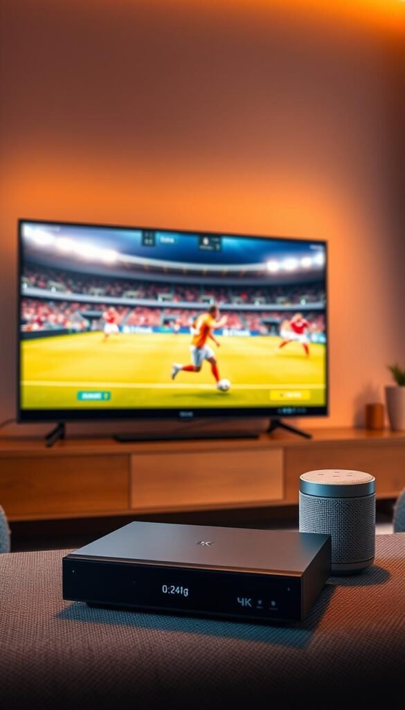 A secure 4K World Cup IPTV service provided by Hoxtoon Provider. The image depicts a sleek, modern setup with a high-end streaming device, a pristine TV displaying a vivid World Cup match in 4K resolution, and a smart home assistant seamlessly integrating the IPTV experience. The lighting is warm and inviting, with subtle ambient tones complementing the technologically advanced setting. The overall composition conveys a sense of reliability, comfort, and state-of-the-art digital entertainment, highlighting Hoxtoon Provider's commitment to delivering a premium 4K World Cup IPTV solution.