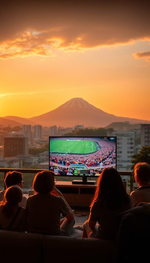 A serene Japanese cityscape at golden hour, with the iconic Mount Fuji looming in the distance. In the foreground, a group of passionate soccer fans gather around a cozy living room, captivated by the live 4K IPTV broadcast of the FIFA World Cup 2026 on their Hoxtoon Provider smart TV. The lighting is warm and cinematic, casting a soft glow on the enthusiastic faces of the viewers as they cheer on their national team, immersed in the unique Japanese perspective of the global event.
