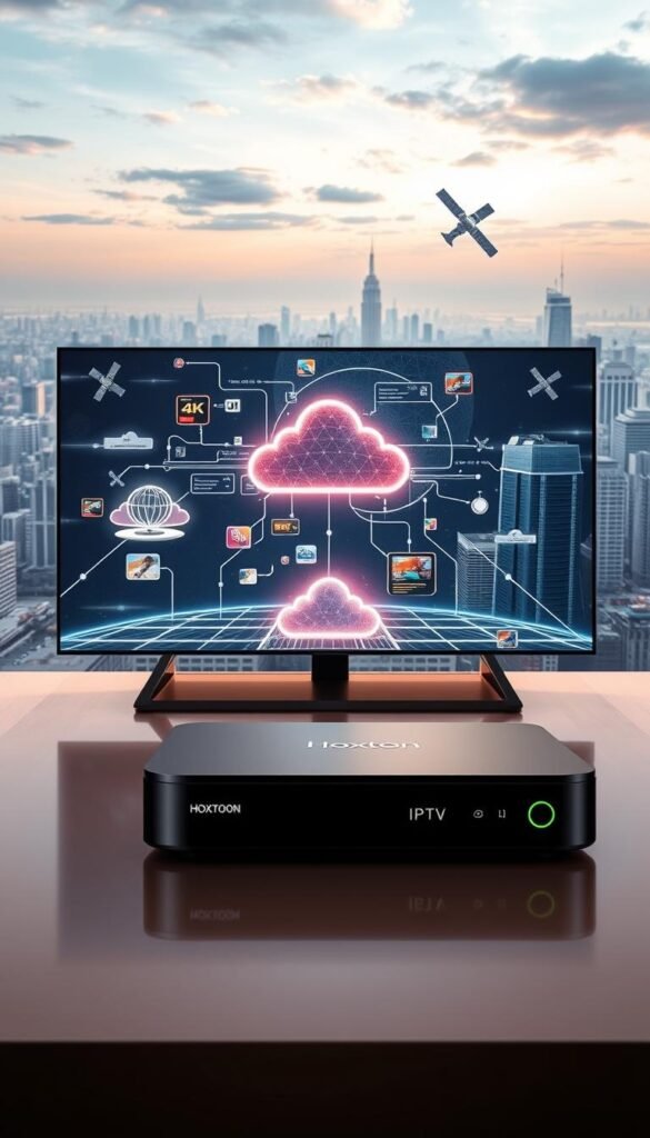 A serene and futuristic scene depicting the evolution of IPTV technology. In the foreground, a sleek and modern Hoxtoon Provider set-top box with a prominent Hoxtoon branding. The device is connected to a high-definition television, showcasing the advanced 4K live and on-demand capabilities of the IPTV service. The middle ground features a stylized depiction of the internet cloud infrastructure, data streams, and satellite communications, illustrating the complex technological backbone powering IPTV. In the background, a panoramic view of a cityscape with skyscrapers, symbolizing the widespread adoption and integration of IPTV in urban environments. The scene is bathed in a warm, futuristic glow, conveying the idea of progress and innovation.