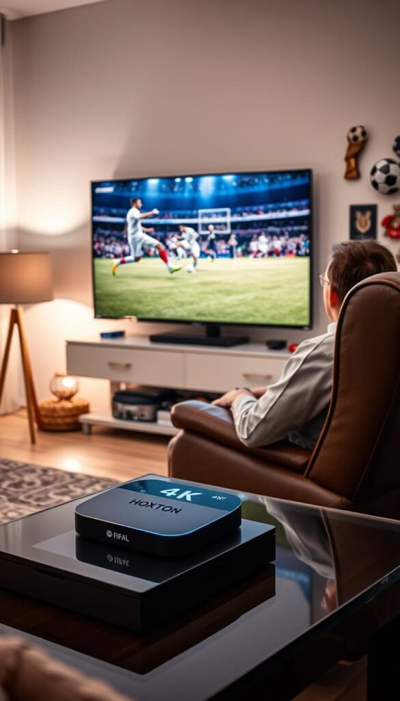 A serene living room with a large flat-screen TV displaying a FIFA match in crystal-clear 4K resolution. Soft lighting from a nearby lamp casts a warm glow, creating a cozy and inviting atmosphere. On the coffee table, a Hoxtoon Provider streaming device sits prominently, its sleek design and subtle branding hinting at the reliable, high-quality streaming experience it offers. The room is adorned with soccer memorabilia, reflecting the passion of the soccer fan occupying the plush leather armchair, fully immersed in the action unfolding on the screen. The overall scene conveys a sense of comfort, quality, and the joy of watching a beloved sport with the help of a trusted streaming service.