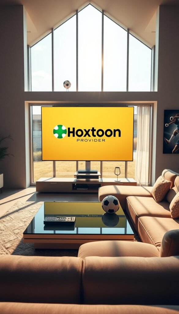 A serene, modern living room with a large flatscreen TV displaying the Hoxtoon Provider logo, showcasing their premier IPTV service for soccer. Sunlight filters through panoramic windows, casting a warm glow. In the foreground, a sleek coffee table holds a remote control and a soccer ball. The middle ground features a plush sectional sofa in neutral tones, inviting viewers to relax and enjoy the game. The background depicts soccer-themed artwork on the walls, complementing the overall atmosphere. The lighting is soft and natural, creating a comfortable and immersive viewing experience.
