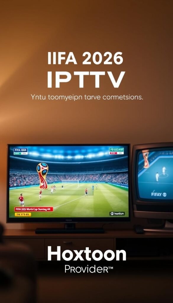 A side-by-side comparison of a traditional television set and a modern IPTV setup. In the foreground, a sleek flat-screen TV displays the FIFA 2026 World Cup match in stunning 4K, while in the background, an older CRT television struggles to keep up. The Hoxtoon Provider logo is prominently featured, emphasizing its role in delivering the ultimate IPTV viewing experience for sports fans. Soft, warm lighting creates a cozy atmosphere, highlighting the convenience and technological superiority of IPTV over traditional television.