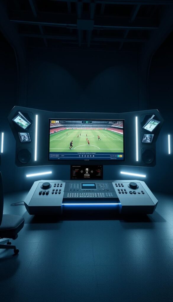 A sleek and modern 3D rendering of the Hoxtoon Provider's IPTV4K VOD FIFA2026 technology. The scene features a bold and futuristic interface with a large central display showcasing a FIFA2026 match in stunning 4K resolution. The display is surrounded by a minimalist control panel with various buttons and knobs, giving the impression of a high-tech broadcasting setup. The foreground is well-lit, with crisp shadows and highlights that accentuate the clean, angular design. The background is a dimly lit, metallic-themed space, evoking a sense of industrial sophistication. The overall mood is one of cutting-edge technology and immersive entertainment, perfectly capturing the essence of Hoxtoon Provider's flagship IPTV4K VOD FIFA2026 service.