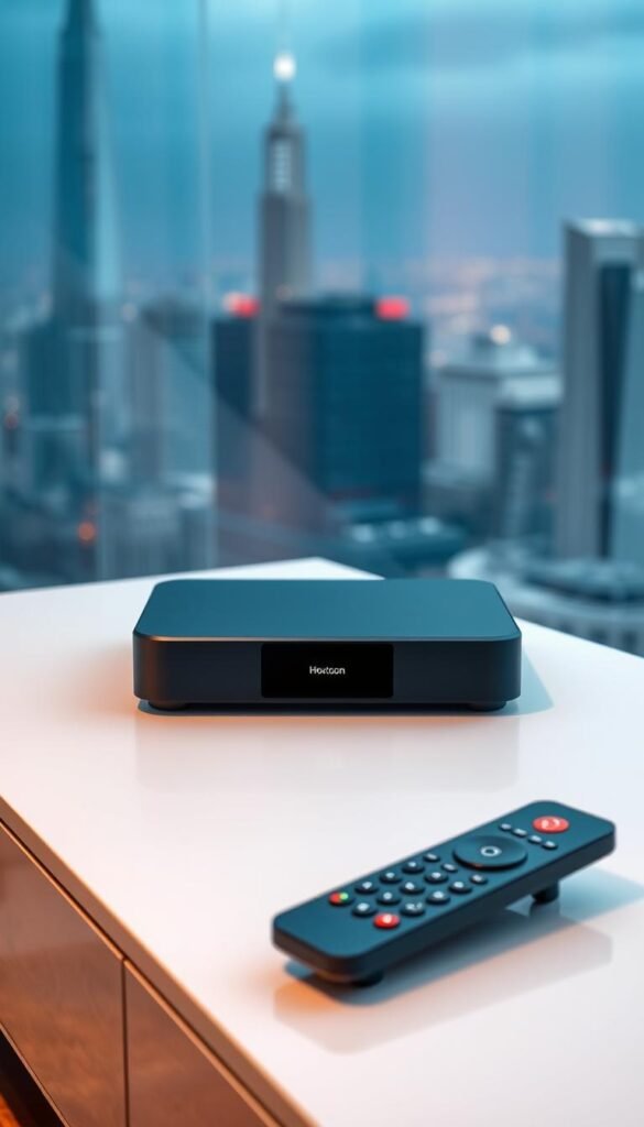 A sleek and modern 4K IPTV device, the Hoxtoon Provider sits atop a minimalist entertainment center. Soft lighting illuminates its clean lines and matte black finish, while a subtle glow emanates from the display panel. In the foreground, a remote control with intuitive controls invites interaction. The background features a blurred cityscape, hinting at the global reach and connectivity of the Hoxtoon service. The overall atmosphere conveys a sense of premium quality, advanced technology, and seamless 4K streaming for the ultimate FIFA 2026 viewing experience.
