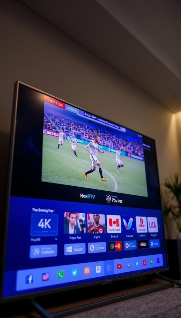 A sleek and modern 4K IPTV service provider interface, prominently featuring the "Hoxtoon Provider" brand name. The screen displays a crisp and vibrant FIFA soccer match in 4K resolution, showcasing the provider's high-quality video streaming capabilities. The interface is clean and intuitive, with easy-to-navigate menus and a minimalist design. The lighting is soft and natural, creating a warm and inviting atmosphere. The camera angle is slightly elevated, providing a comprehensive view of the screen and highlighting the provider's user-friendly experience. The background is blurred, placing the focus entirely on the captivating 4K IPTV display.