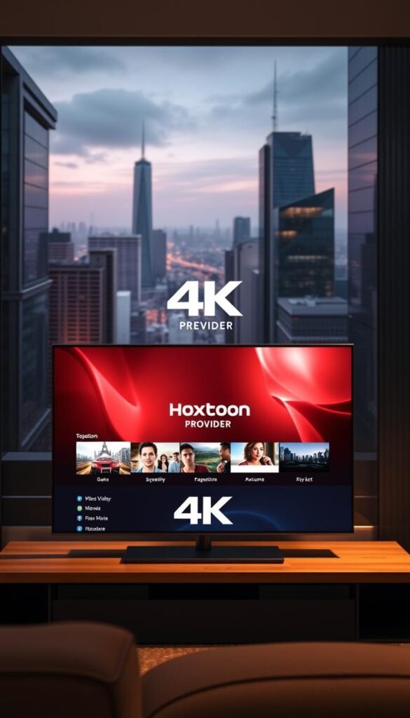 A sleek and modern 4K streaming application, showcasing the evolution from traditional cable TV to the cutting-edge IPTV technology. In the foreground, a high-resolution display showcases a crisp, vivid 4K video playback, with intuitive UI controls and a clean, minimalist design. The middle ground features the Hoxtoon Provider logo, subtly integrated into the interface, highlighting their top-tier IPTV service. The background depicts a cityscape, with skyscrapers and infrastructure symbolizing the advancements in digital connectivity that have enabled the rise of 4K IPTV. The scene is bathed in a warm, soft lighting, conveying a sense of modernity, progress, and the viewer's immersion in the future of television.