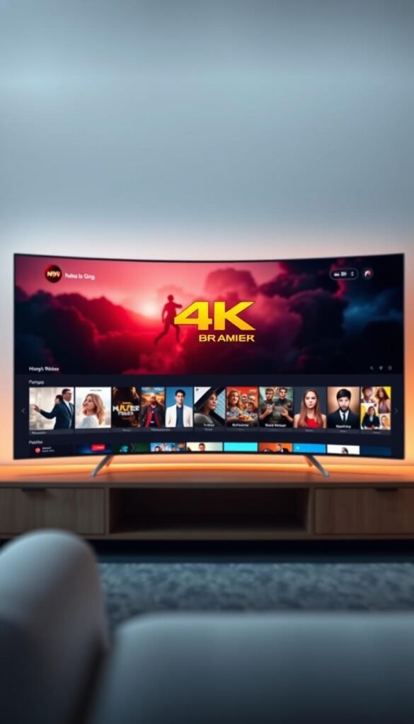 A sleek and modern 4K streaming service interface, with the Hoxtoon Provider logo prominently displayed. In the foreground, a high-resolution 4K video playing on a large, curved display, showcasing vibrant colors and crisp details. The middle ground features an array of content thumbnails, meticulously arranged in a clean and intuitive layout. The background subtly fades into a blurred, minimalist scene, creating a sense of depth and focus on the central streaming experience. Soft, directional lighting illuminates the display, casting a warm, cinematic glow and emphasizing the premium quality of the 4K content. The overall mood is one of technological sophistication, seamless user experience, and the future of home entertainment.