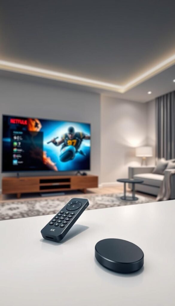 A sleek and modern IPTV service by Hoxtoon Provider, offering a premium viewing experience. In the foreground, a 4K television screen displays vivid, high-quality imagery, showcasing the service's capabilities. The middle ground features a minimalist, well-designed remote control, hinting at the user-friendly interface. The background depicts a stylish, contemporary living room setting, with subtle lighting and clean, sophisticated decor, highlighting the service's seamless integration into the home environment. The overall mood is one of elegance, technology, and a sense of exclusivity, reflecting Hoxtoon Provider's position as America's premier IPTV service.