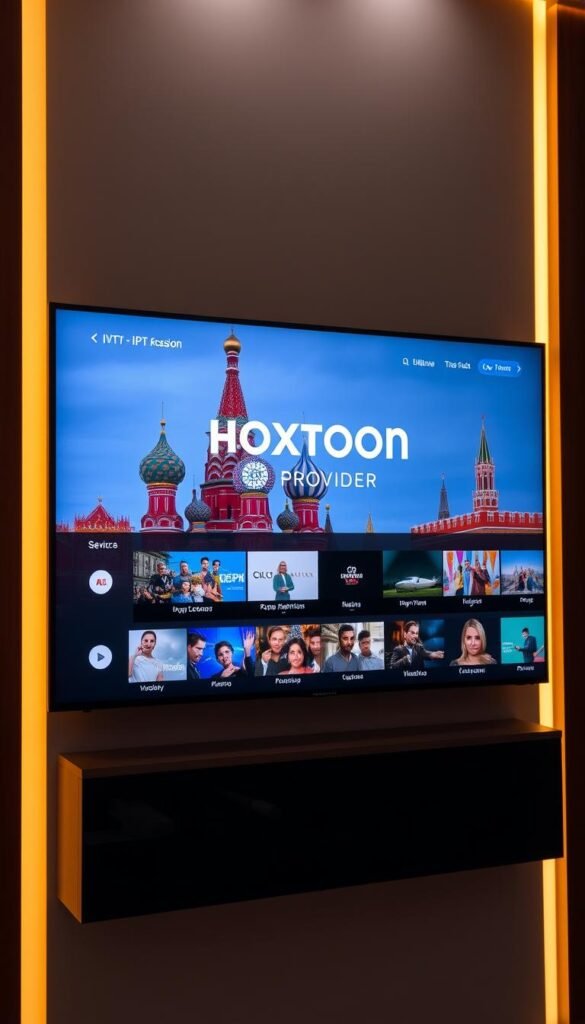 A sleek and modern IPTV service interface, prominently displaying the "Hoxtoon Provider" brand name. The screen shows a grid of high-definition 4K channels, with vibrant colors and sharp imagery. In the background, a Russian landmark like St. Basil's Cathedral or the Kremlin is visible, hinting at the service's focus on Russian and Eastern European content. Soft lighting creates a warm, premium atmosphere, while the layout and design convey a sense of quality and reliability. The overall impression is of a best-in-class IPTV provider catering to discerning viewers.