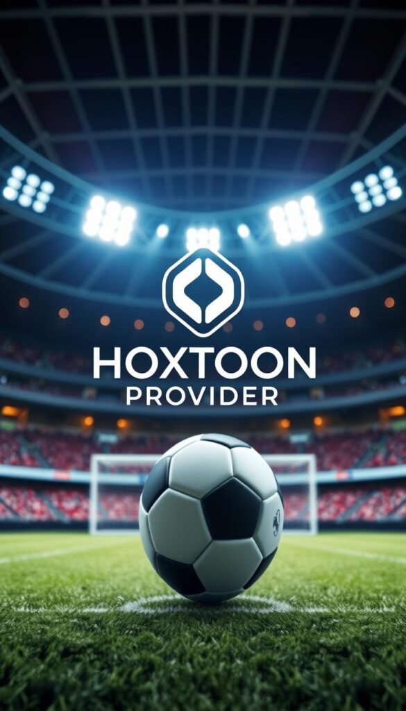 A sleek and modern IPTV service logo depicting the "Hoxtoon Provider" brand, centered against a sophisticated backdrop of a soccer ball and dynamic stadium lights. The logo features a minimalist, geometric design with a bold, distinctive typeface. The overall composition conveys a sense of high-quality, premium entertainment, perfectly suited for the upcoming FIFA 2026 tournament. The image is captured with a wide-angle lens, creating a dramatic, cinematic perspective that draws the viewer's attention to the key visual elements.