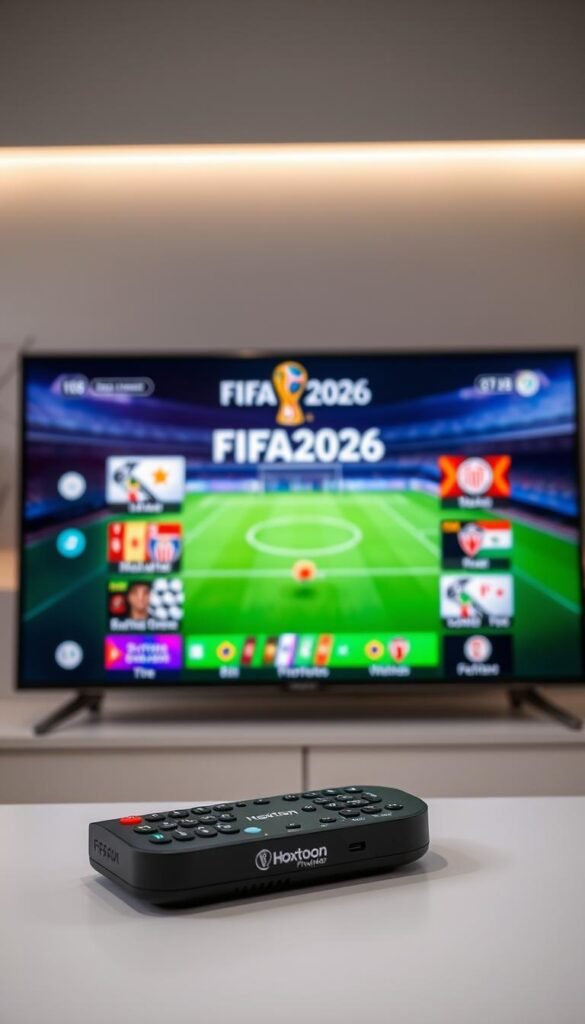 A sleek and modern IPTV subscription service interface, prominently featuring the "FIFA2026" branding. The screen displays a dynamic grid of live match feeds, team logos, and schedules, all rendered in a vibrant, high-contrast color palette. In the foreground, a remote control and a Hoxtoon Provider branded device are neatly arranged, suggesting the seamless integration of the IPTV service. The background features a subtle sports-themed wallpaper, creating an immersive atmosphere for the FIFA2026 viewing experience. Soft, directional lighting illuminates the scene, adding depth and emphasizing the key elements. The overall composition conveys a sense of excitement and anticipation for the upcoming World Cup.