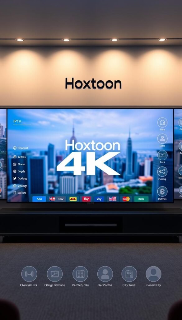A sleek and modern UI interface for the Hoxtoon Provider IPTV service, with a large 4K video display taking up the central focus. The Hoxtoon logo is prominently featured, with clean typography and a vibrant color palette of blues and grays. The scene is bathed in soft, directional lighting, creating depth and dimension. The background features a blurred cityscape, hinting at the global nature of the service. Subtle UI elements like channel lists, settings menus, and user profiles surround the main display, showcasing the comprehensive suite of features. The overall impression is one of a professional, high-quality IPTV platform ready to deliver the ultimate 4K viewing experience.
