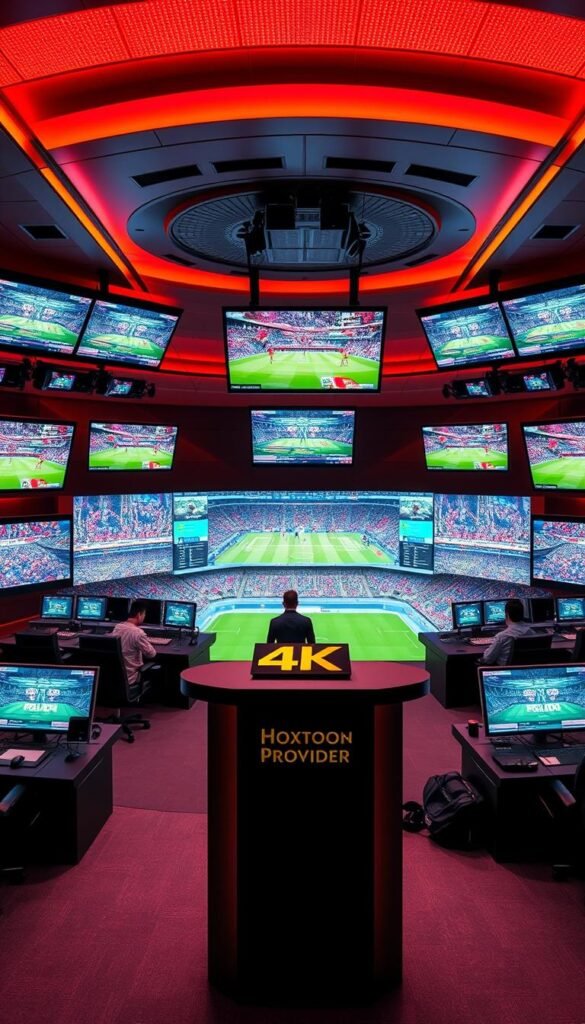 A sleek and modern control room with multiple 4K high-definition screens displaying live sports coverage from various channels. The room is bathed in a warm, vibrant lighting, creating a dynamic and immersive atmosphere. In the foreground, a central podium with the Hoxtoon Provider logo prominently displayed, indicating this is the hub for their 4K sports streaming service. The middle ground features technicians and analysts intently monitoring the screens and coordinating the broadcast, while the background showcases a panoramic view of a bustling sports stadium or arena, hinting at the live events being showcased in stunning 4K quality.