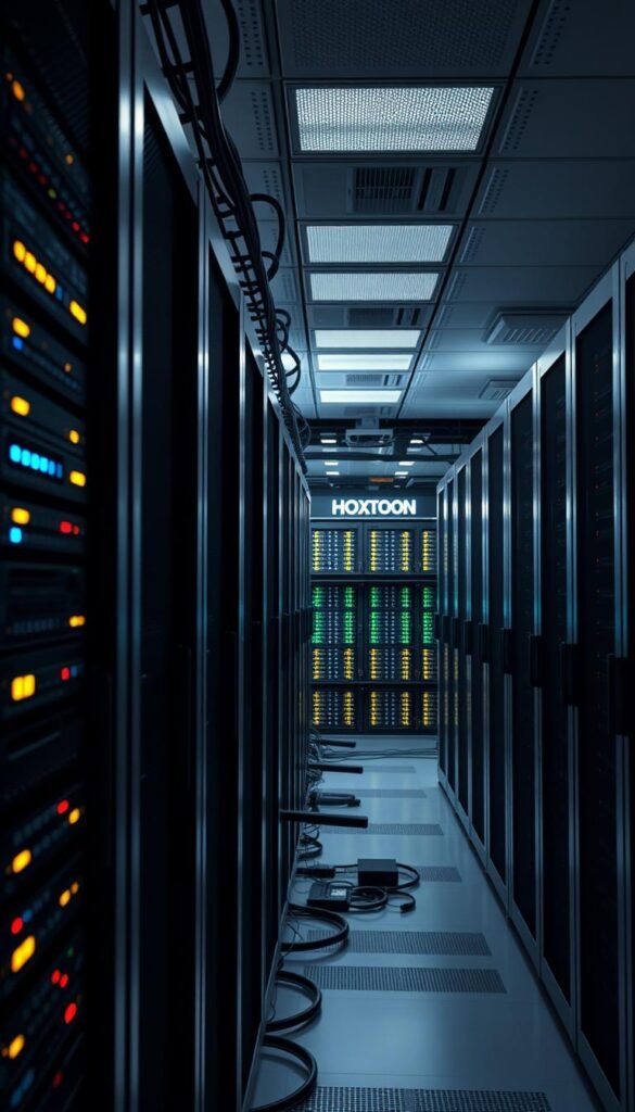 A sleek and modern data center, housing the state-of-the-art technical infrastructure of Hoxtoon Provider, America's leading 4K IPTV service. In the foreground, rows of high-performance servers hum with activity, cooled by an efficient liquid-cooling system. The middle ground reveals intricate network racks, blinking with indicator lights, interconnected by a web of fiber-optic cables. In the background, a panoramic view of the facility showcases the scale and complexity of Hoxtoon's operations, with rows of server cabinets extending into the distance, bathed in the glow of subtle ambient lighting. The overall scene conveys a sense of power, precision, and technological prowess, befitting the industry-leading position of Hoxtoon Provider.