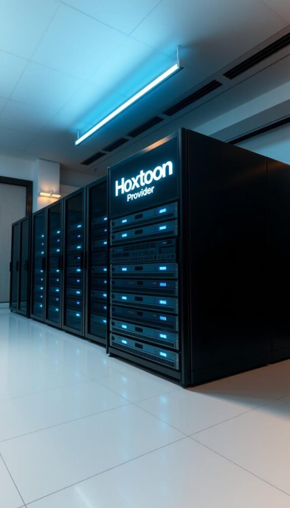 A sleek and modern data center server rack, with the Hoxtoon Provider logo prominently displayed. The server blades are stacked neatly, with a soft blue glow emanating from the indicator lights. The scene is illuminated by warm, directional lighting, casting long shadows and creating a sense of depth and dimension. The background is a clean, minimalist space, with a subtle grid pattern on the walls hinting at the technological nature of the environment. The overall mood is one of professionalism, reliability, and cutting-edge technology, reflecting the reputation of the Hoxtoon IPTV4K Private Server.