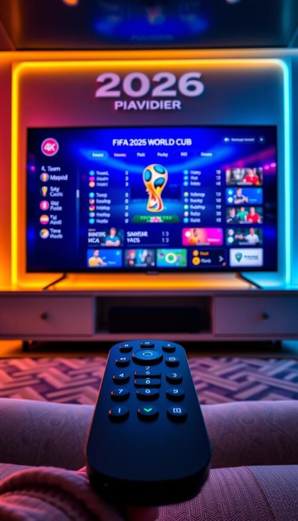 A sleek and modern digital entertainment hub showcasing the Hoxtoon Provider streaming platform for the FIFA 2026 World Cup. The interface features a cinematic 4K display, highlighting key details such as team lineups, match schedules, and video options. The design conveys a sense of excitement and anticipation, with a warm, vibrant lighting scheme illuminating the scene. In the foreground, a high-end remote control with intuitive controls invites the viewer to immerse themselves in the ultimate FIFA 2026 streaming experience. The overall atmosphere exudes a premium, cutting-edge aesthetic that aligns with the prestige of the global football event.