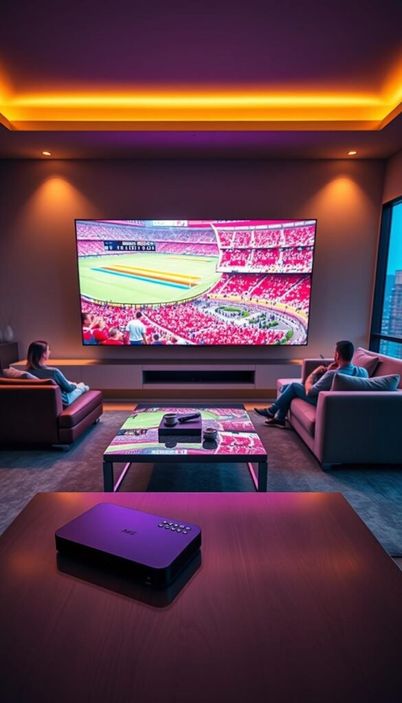 A sleek and modern living room with a sprawling 4K television screen mounted on the wall, displaying the vibrant colors and sharp details of the World Cup action. The room is bathed in warm, ambient lighting, creating a cozy and immersive atmosphere. In the foreground, a stylish coffee table holds a remote control and a sleek Hoxtoon Provider streaming device, ready to deliver the ultimate 4K World Cup viewing experience. The middle ground features a plush, sectional sofa where people are comfortably seated, captivated by the stunning visuals on the screen. The background showcases large windows overlooking a vibrant cityscape, adding to the sense of modern luxury and sophistication.