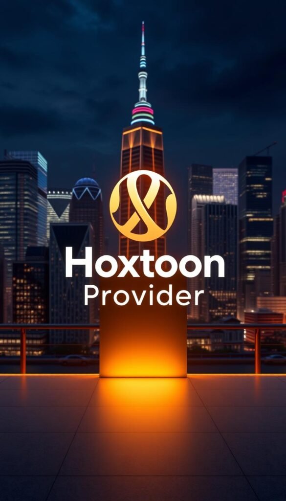 A sleek and modern logo for the "Hoxtoon Provider" IPTV service, prominently displayed against a stylish backdrop of a dynamic city skyline at night. The logo is illuminated by a warm, golden light, casting a soft glow that reflects off the skyscrapers in the distance. The scene evokes a sense of luxury, innovation, and connectivity, perfectly capturing the essence of Hoxtoon as the premier IPTV solution for the upcoming FIFA 2026 World Cup.