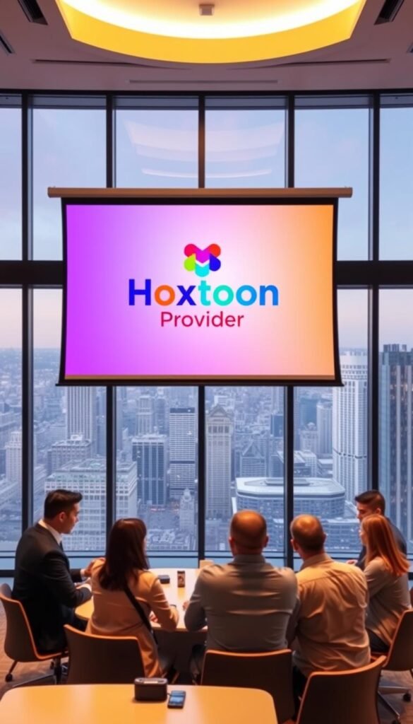 A sleek and modern office interior with large windows overlooking a bustling city skyline. In the center, a large projection screen displays the "Hoxtoon Provider" logo, its vibrant colors and clean design reflecting the brand's premium quality and cutting-edge technology. In the foreground, a group of professionals gather around a conference table, engaged in a discussion about the IPTV service offerings. The lighting is warm and inviting, creating a sense of professionalism and authority. The camera angle is slightly elevated, giving a sense of scale and importance to the scene. Overall, the image conveys the reliability, innovation, and industry-leading status of the Hoxtoon IPTV service provider.