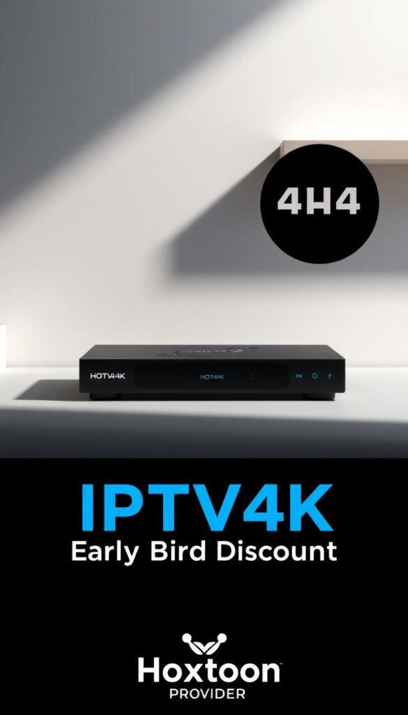 A sleek and modern promotional image for the "IPTV4K Early Bird Discount" offered by the Hoxtoon Provider. A sharp, high-contrast scene depicts a stylized IPTV4K device against a minimalist backdrop. Soft, dramatic lighting creates depth and emphasizes the device's elegant design. The Hoxtoon Provider logo is subtly integrated into the composition, conveying the exclusive, premium nature of this limited-time discount offer. An air of sophistication and exclusivity permeates the image, enticing viewers to take advantage of this rare opportunity.
