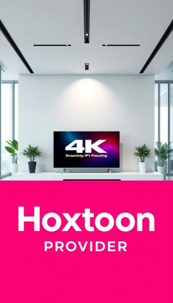 A sleek and modern rendering of the "Hoxtoon Provider" brand, showcased in a vibrant and professional setting. In the foreground, the Hoxtoon logo stands out prominently, designed with a bold, clean typography and a distinctive color palette. The middle ground features a stylized illustration of a high-quality 4K television set, highlighting the premium streaming capabilities of the Hoxtoon IPTV service. The background is a minimalist, yet sophisticated office environment, with floor-to-ceiling windows providing natural lighting and a sense of openness. The overall composition conveys a sense of authority, reliability, and technological innovation, reflecting Hoxtoon's position as America's premier IPTV provider.