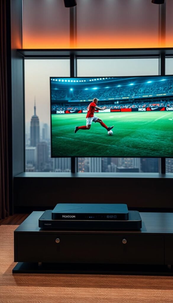 A sleek and modern studio interior, with a large curved OLED screen displaying a live sports broadcast. In the foreground, a high-end streaming device branded "Hoxtoon Provider" sits atop a minimalist entertainment unit. Subtle lighting creates a warm, cinematic atmosphere, while the window in the background offers a glimpse of a dynamic cityscape, symbolizing the evolution of sports broadcasting in the digital age. The overall scene conveys a sense of technological innovation, seamless connectivity, and the future of immersive sports viewing experiences.