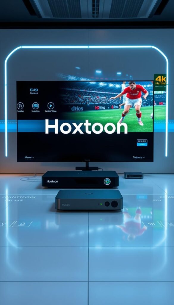 A sleek, futuristic IPTV technology interface with a central focus on the Hoxtoon Provider brand. The foreground displays a seamless, interactive display with dynamic icons, menus, and visualizations. The middle ground showcases cutting-edge streaming hardware and devices in a minimalist, high-tech arrangement. The background depicts a vibrant, 4K sports broadcast with Italian soccer players in action, highlighting the high-quality content delivered by the Hoxtoon IPTV service. The overall scene conveys a sense of advanced, user-friendly technology empowering an immersive, premium entertainment experience.