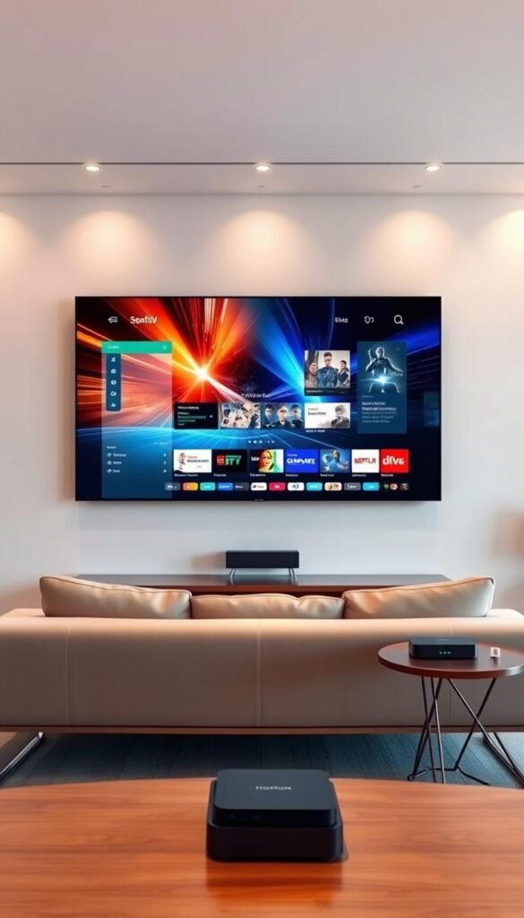 A sleek, futuristic living room with a large 4K OLED television mounted on the wall. The screen displays a dynamic, high-resolution IPTV interface, showcasing a diverse range of content. In the foreground, a modern, minimalist couch provides a comfortable viewing experience. Subtle lighting fixtures illuminate the space, creating a warm, inviting atmosphere. On a side table, a Hoxtoon Provider device sits elegantly, seamlessly integrating the IPTV4K streaming experience. The scene conveys the evolution of television, transitioning from traditional cable to the advanced, immersive world of IPTV4K streaming.