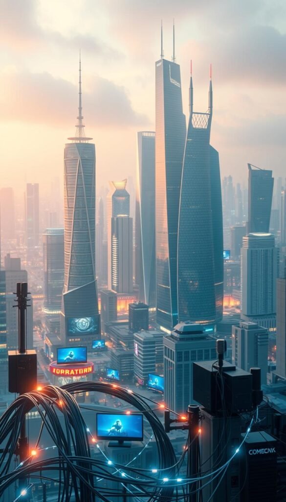 A sleek, futuristic metropolis with towering skyscrapers and gleaming infrastructure. In the foreground, a network of cables and antennas representing the Hoxtoon Provider IPTV technology, casting a warm, ethereal glow. The middle ground features various media devices, such as smart TVs and mobile phones, seamlessly integrated into the urban landscape. In the background, a vibrant cityscape with vibrant neon lights and a sense of technological progress. The scene is illuminated by a soft, diffused lighting, creating a modern and visually striking atmosphere.