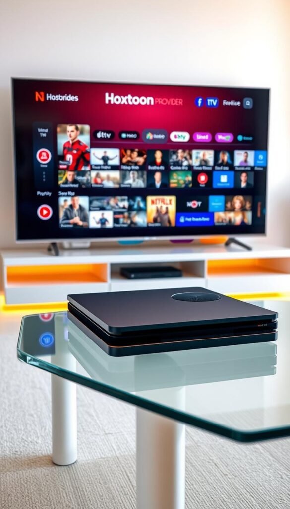 A sleek gaming console rests on a minimalist glass table, its sharp edges and modern design accentuated by warm, directional lighting. In the background, a large 4K display showcases the "Hoxtoon Provider" IPTV interface, its clean, user-friendly layout and vibrant colors hinting at the vast content library available. The scene conveys a sense of seamless integration between the gaming device and the premium IPTV service, creating a cohesive and immersive entertainment hub. The overall mood is one of cutting-edge technology, sophistication, and the promise of an exceptional viewing experience.